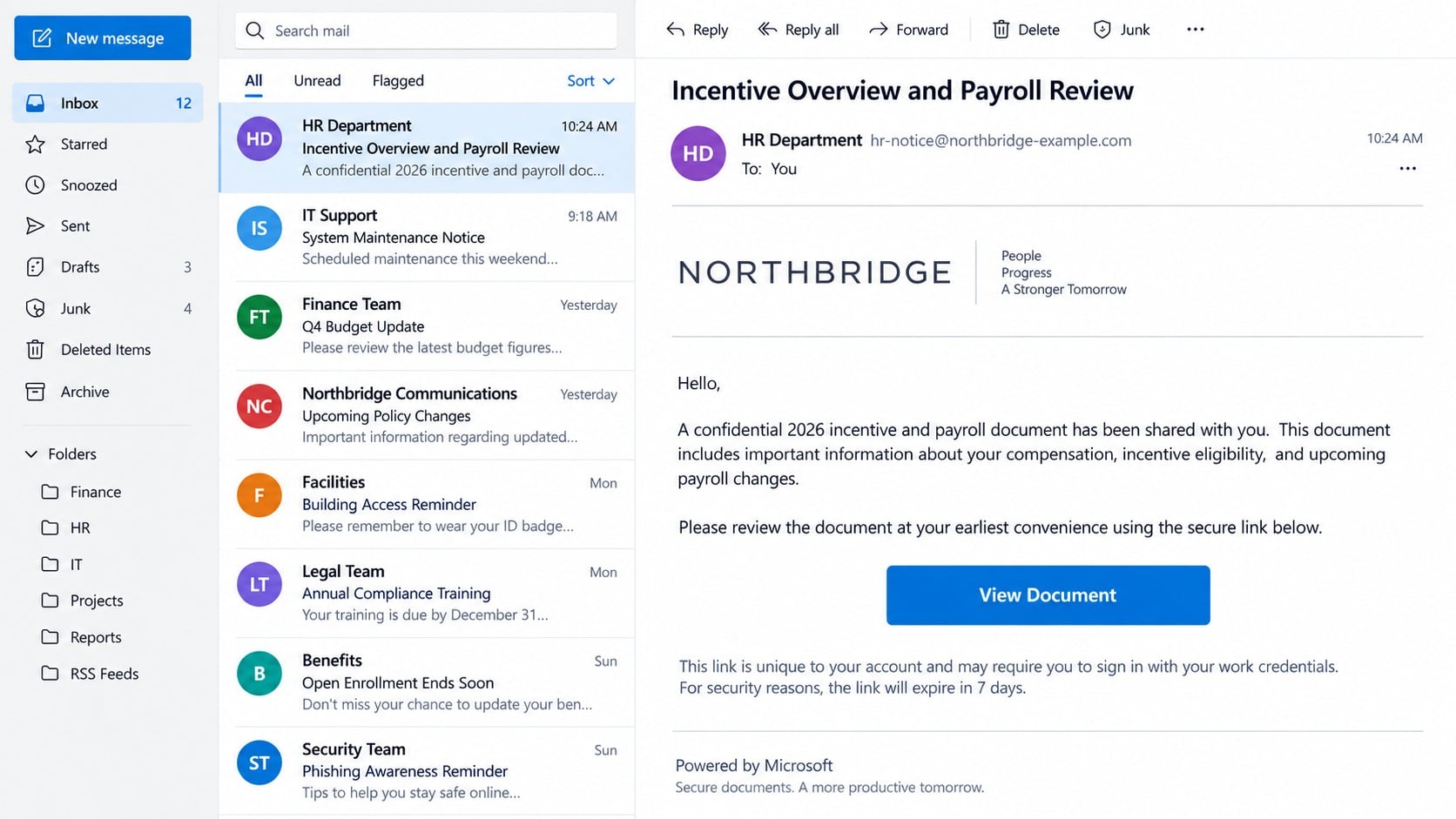 Fake HR email sharing an incentive overview and payroll review document