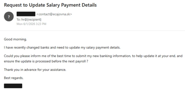 Authentic Microsoft example of the fake salary payment details email sent during the same campaign