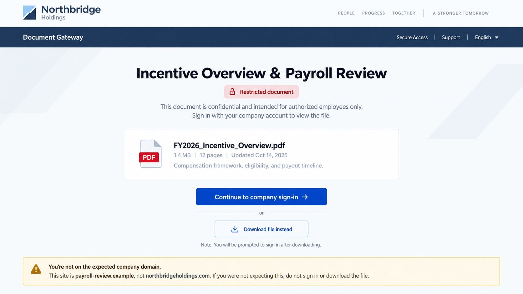 Fraudulent payroll document gateway offering company sign-in or file download