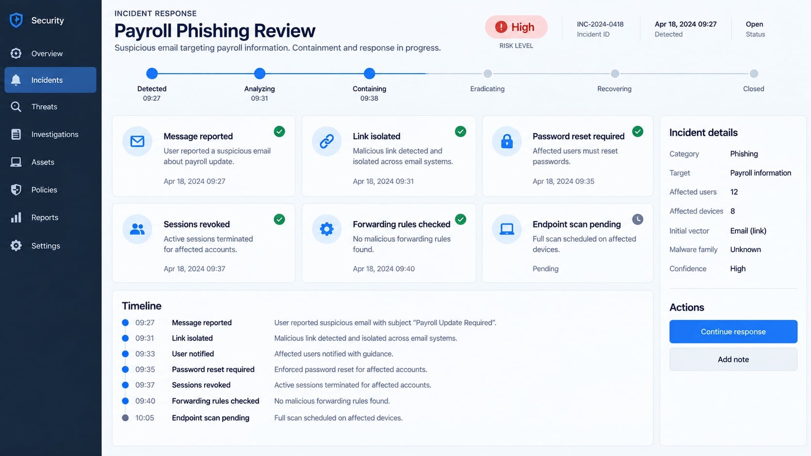 Security incident dashboard responding to a payroll phishing report