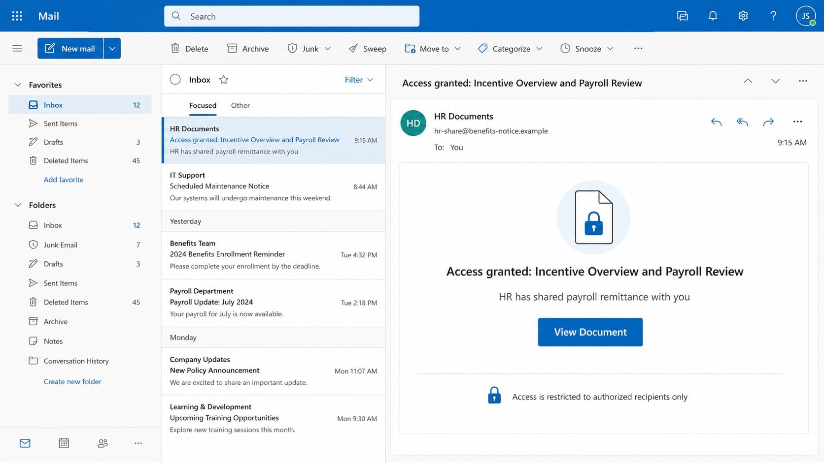 Reconstructed Incentive Overview and Payroll Review phishing email