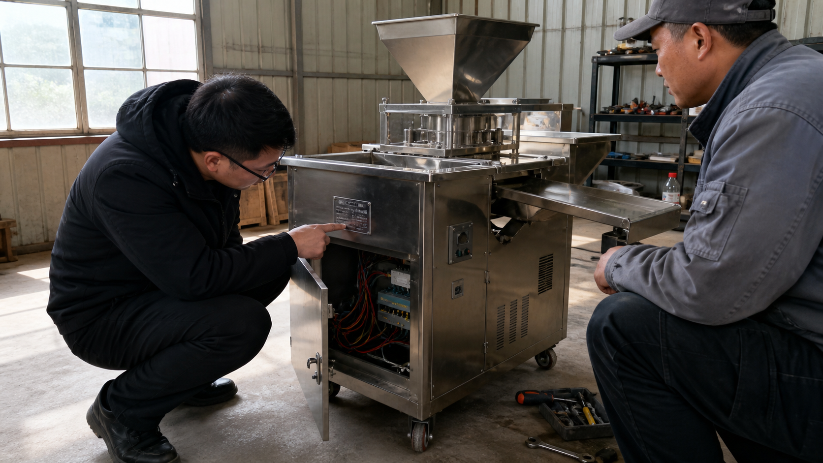 Small business owner inspecting and testing a peanut processing machine before payment
