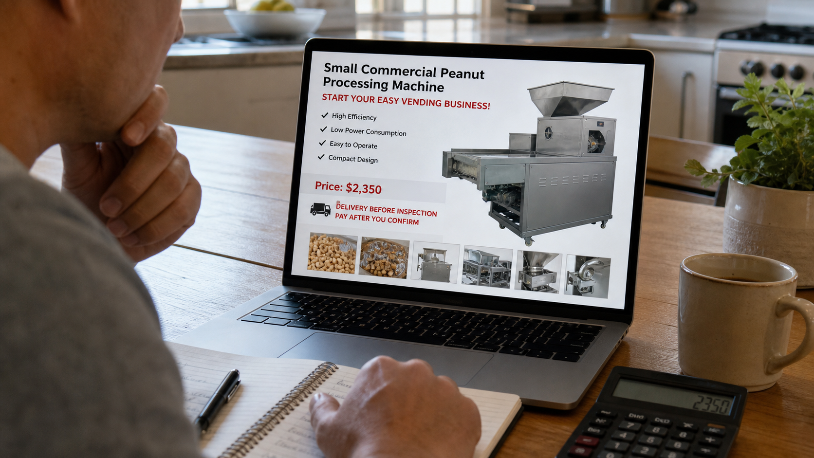 Realistic social media ad for a suspicious discounted commercial peanut coating machine