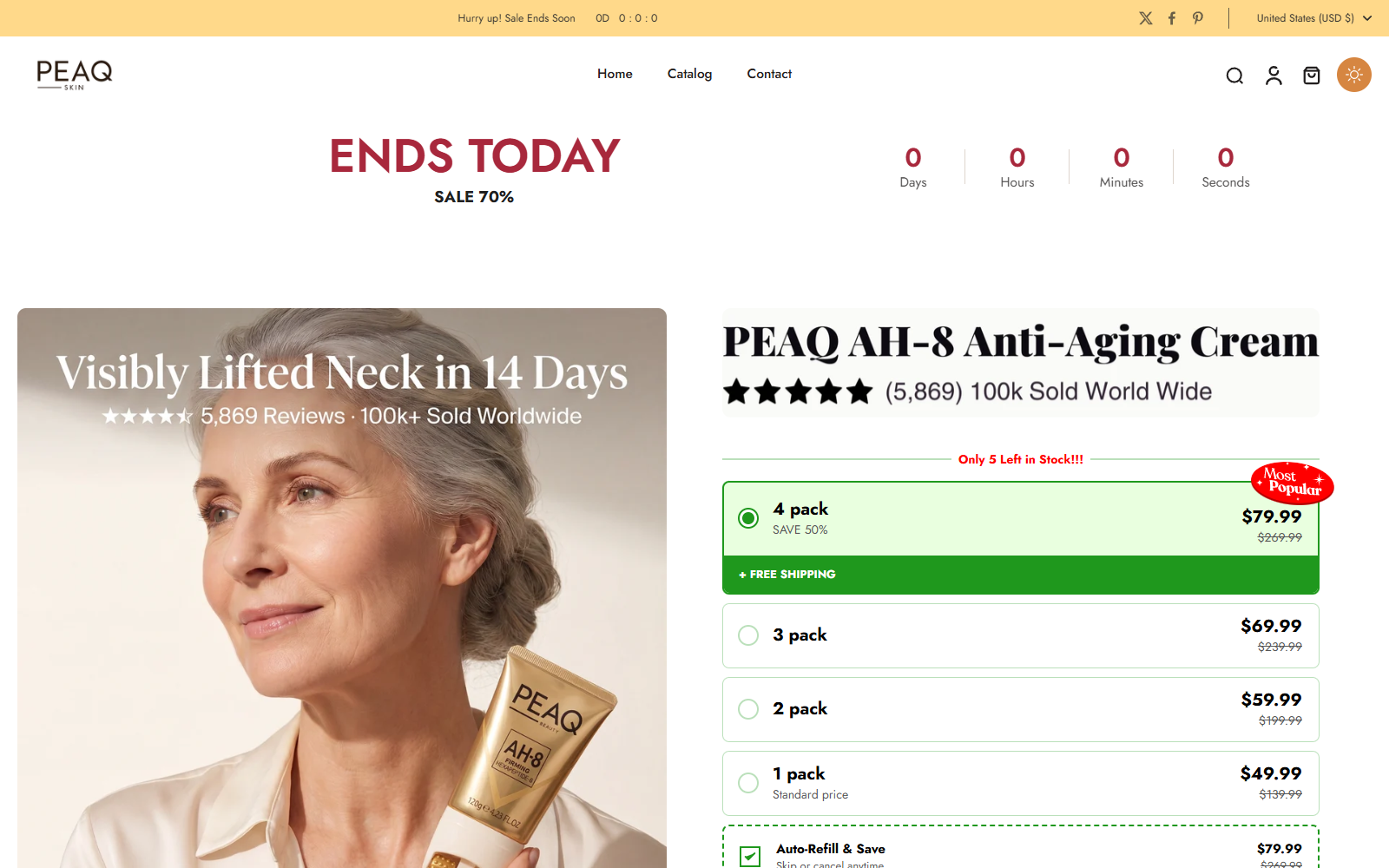 PEAQ AH-8 Anti-Aging Cream page showing a 14-day lifting claim, large review count, bundles, and auto-refill option