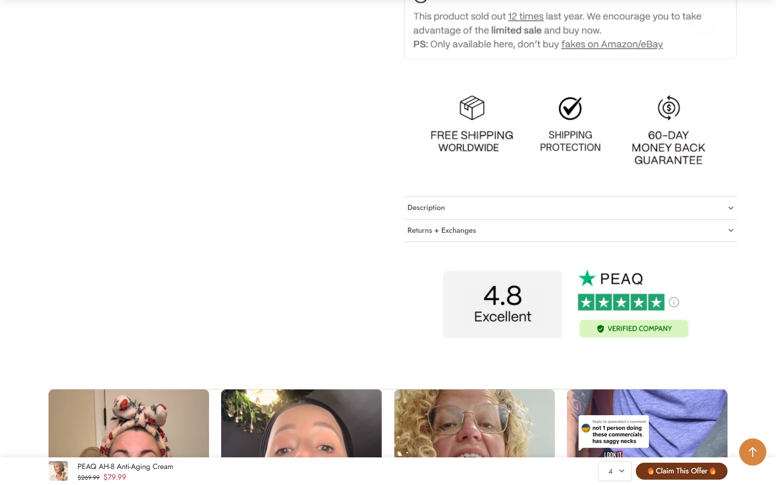 PEAQ product page showing a 60-day guarantee, seller-controlled rating graphic, urgency language, and social-media style customer images