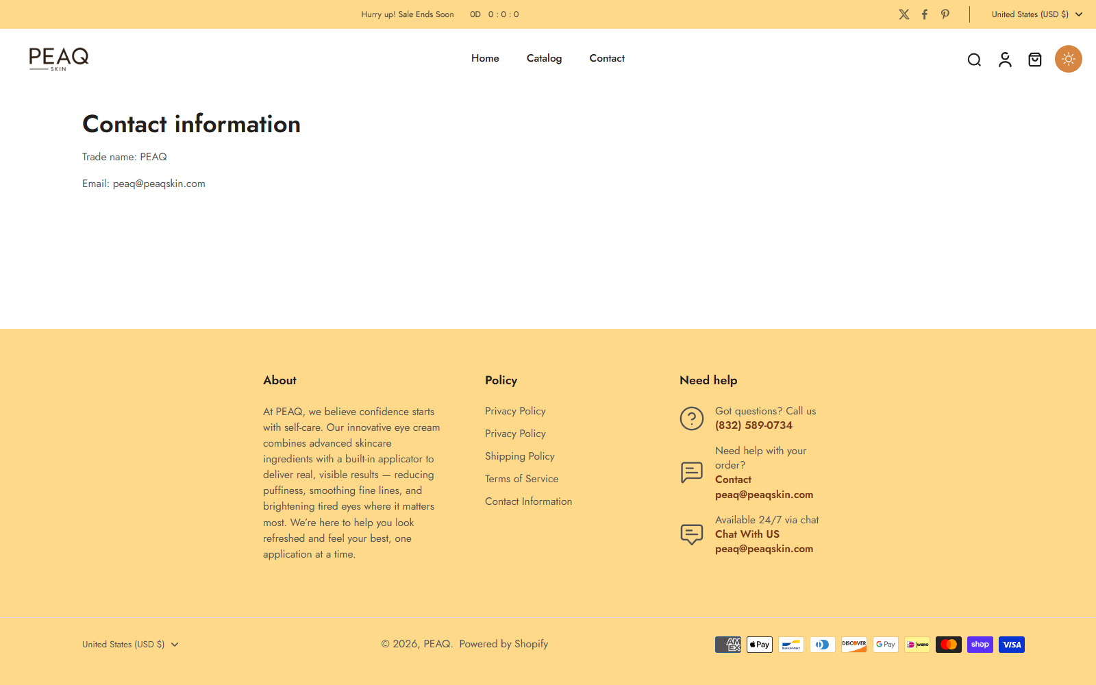 PEAQ contact information page showing only a trade name, email address, telephone number, and no physical business address