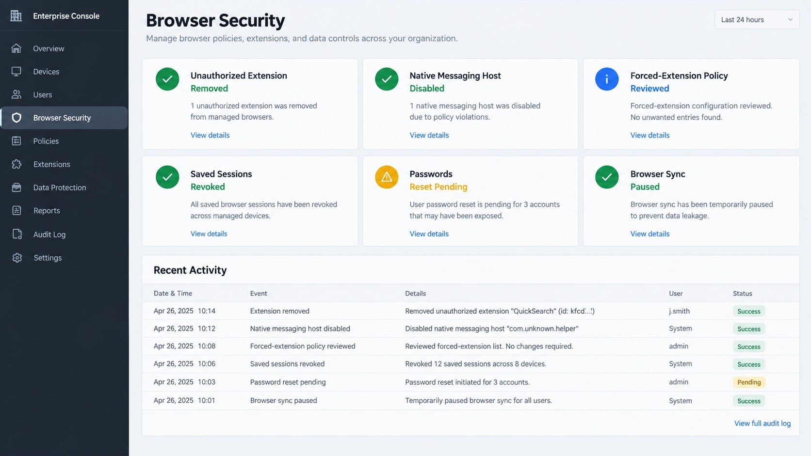 Enterprise browser cleanup showing an unauthorized extension and native host removed