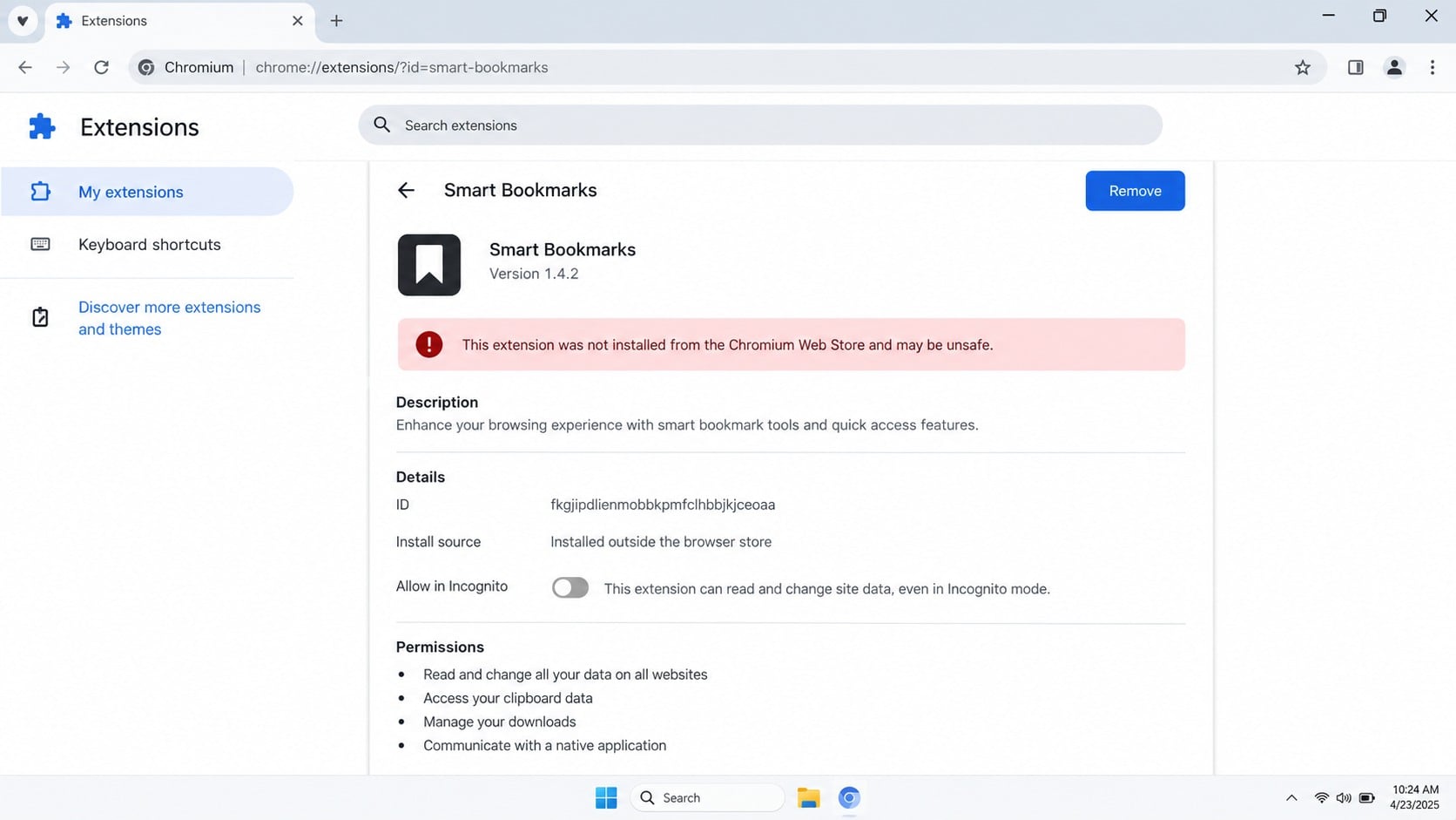 Smart Bookmarks extension requesting dangerous browser and native application permissions