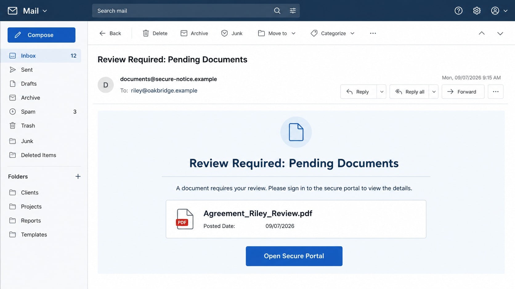 Reconstructed Review Required Pending Documents phishing email