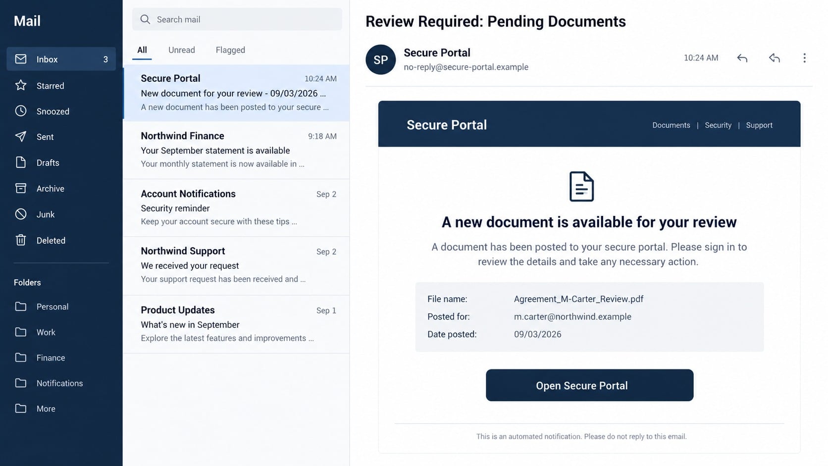 Fake pending documents email linking to an agreement review portal