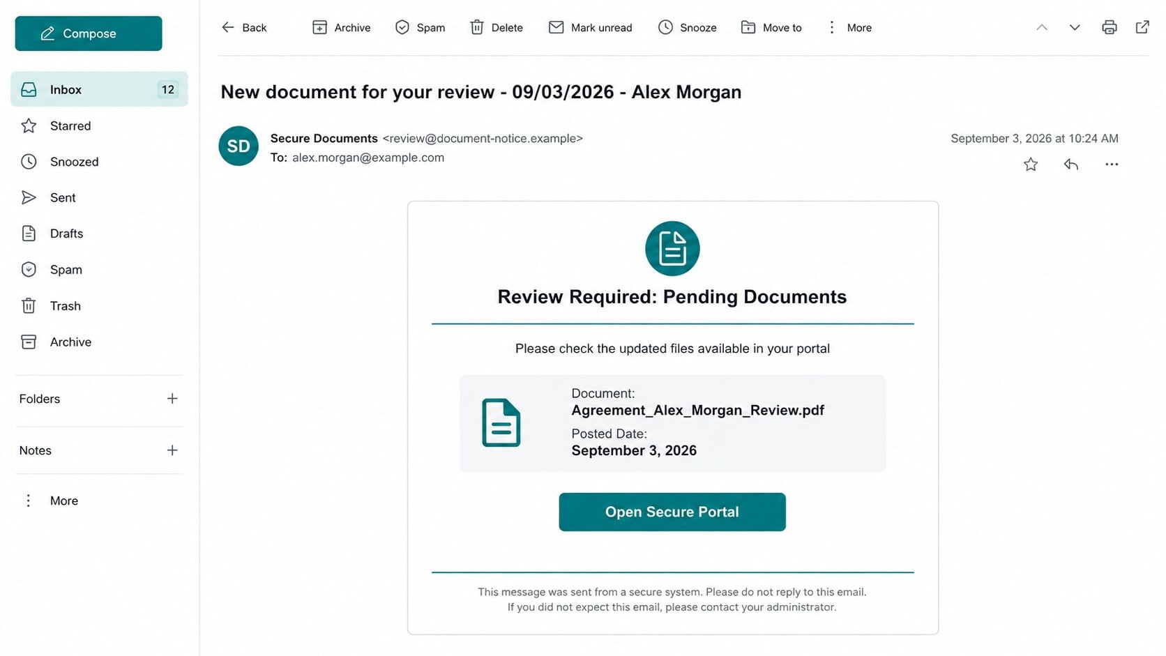 Pending Documents phishing email claiming an agreement is available in a secure portal for review