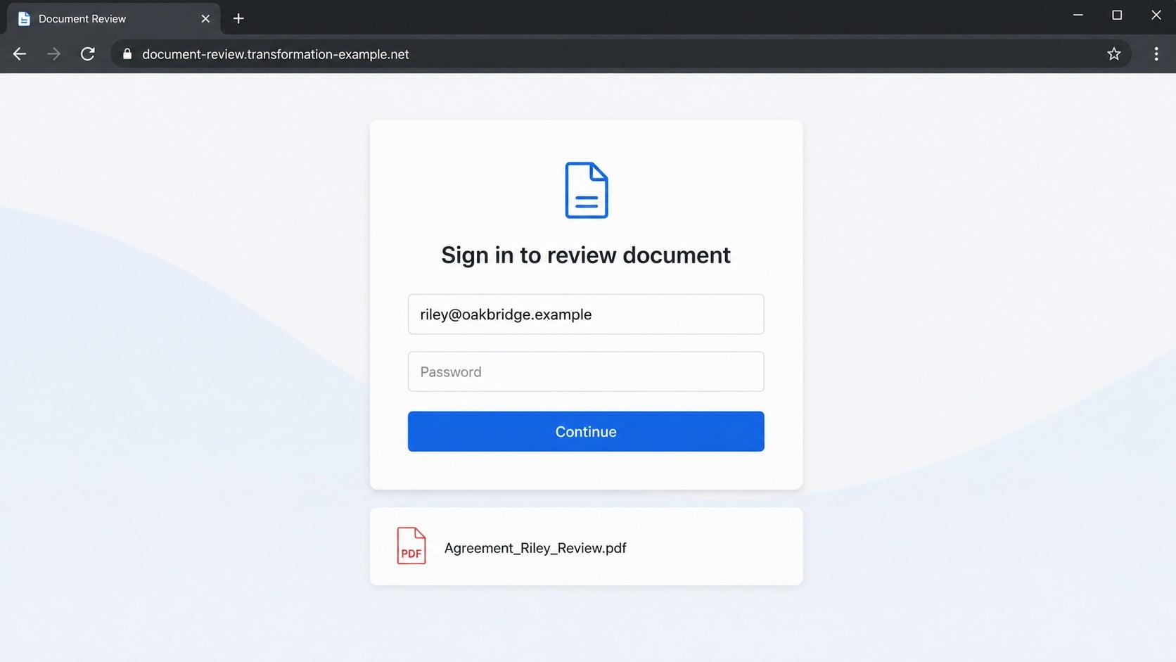 Adaptive fake document portal login showing a prefilled email address