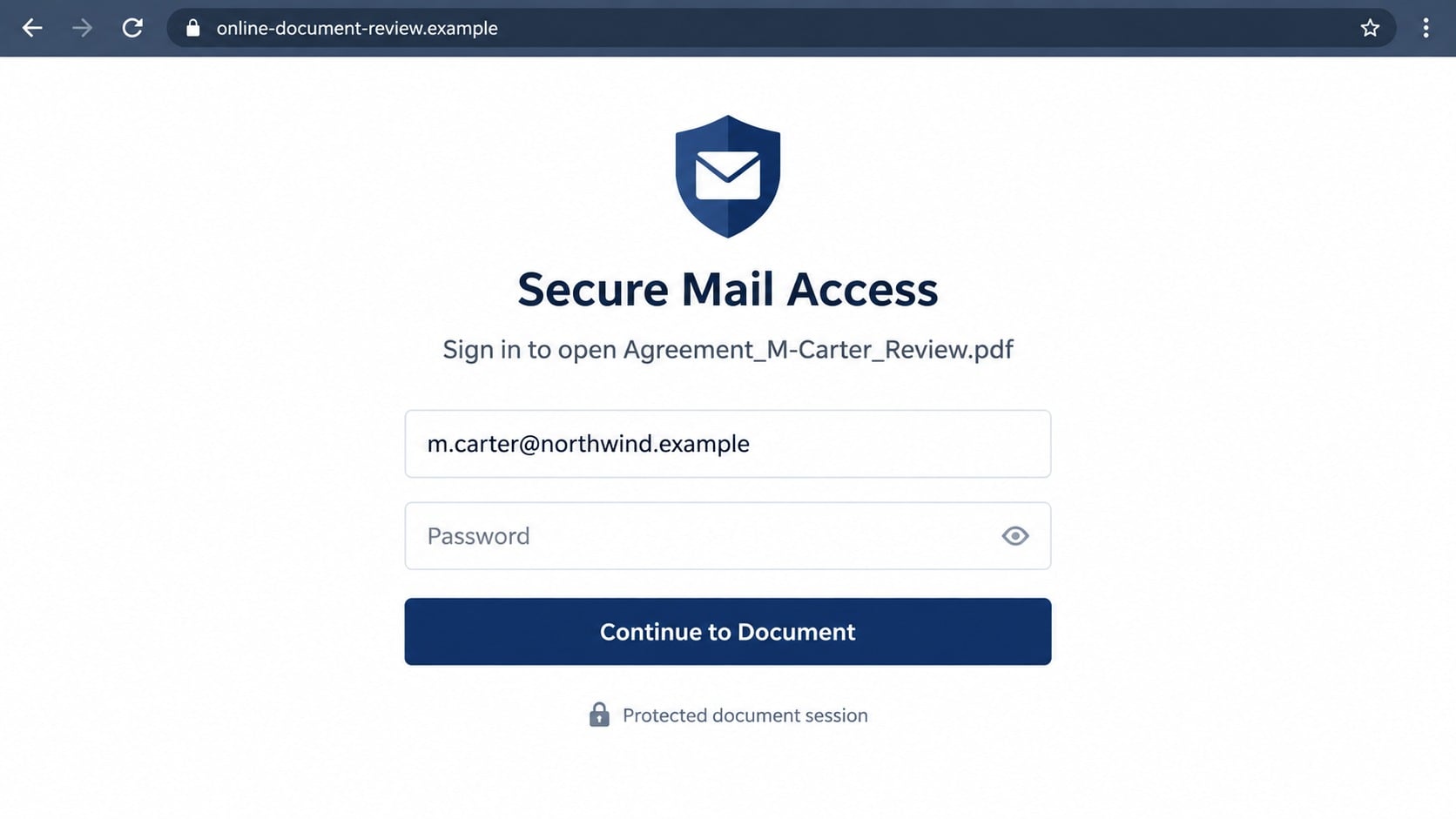 Fake secure mail access page requesting credentials for a pending agreement