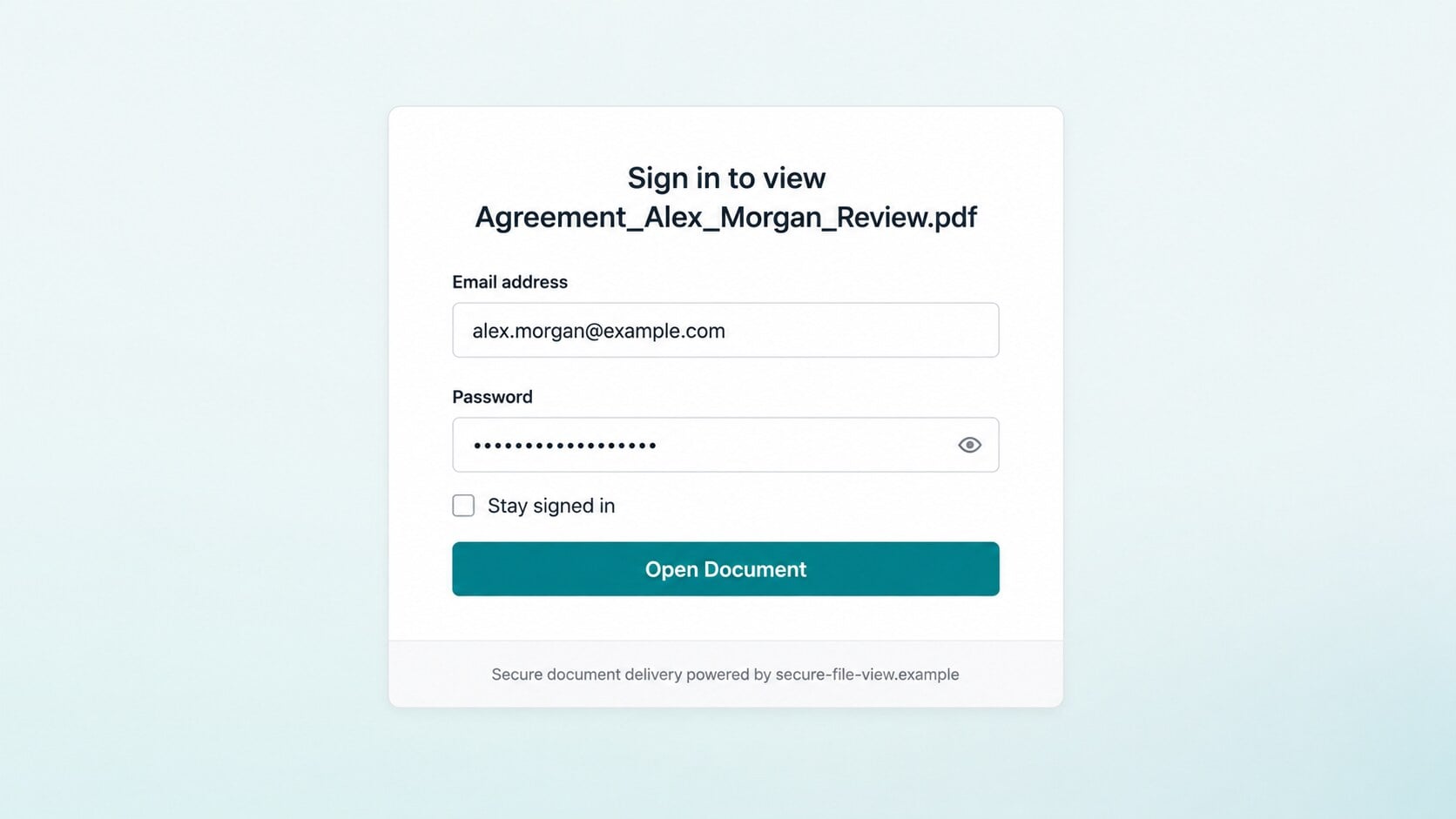 Fake document viewer login page requesting an email password before opening a named agreement PDF
