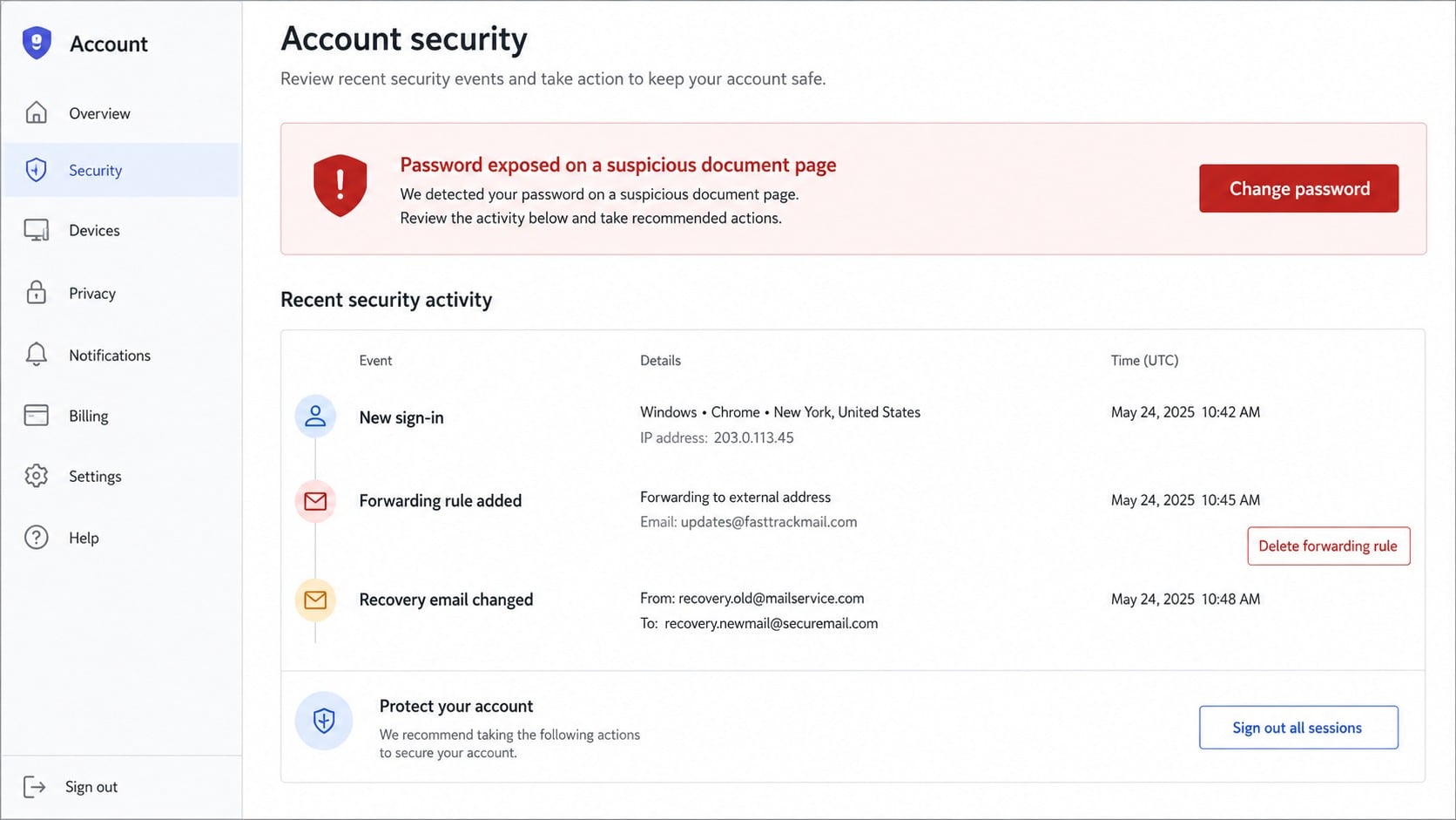Account security timeline used after a pending document phishing attack