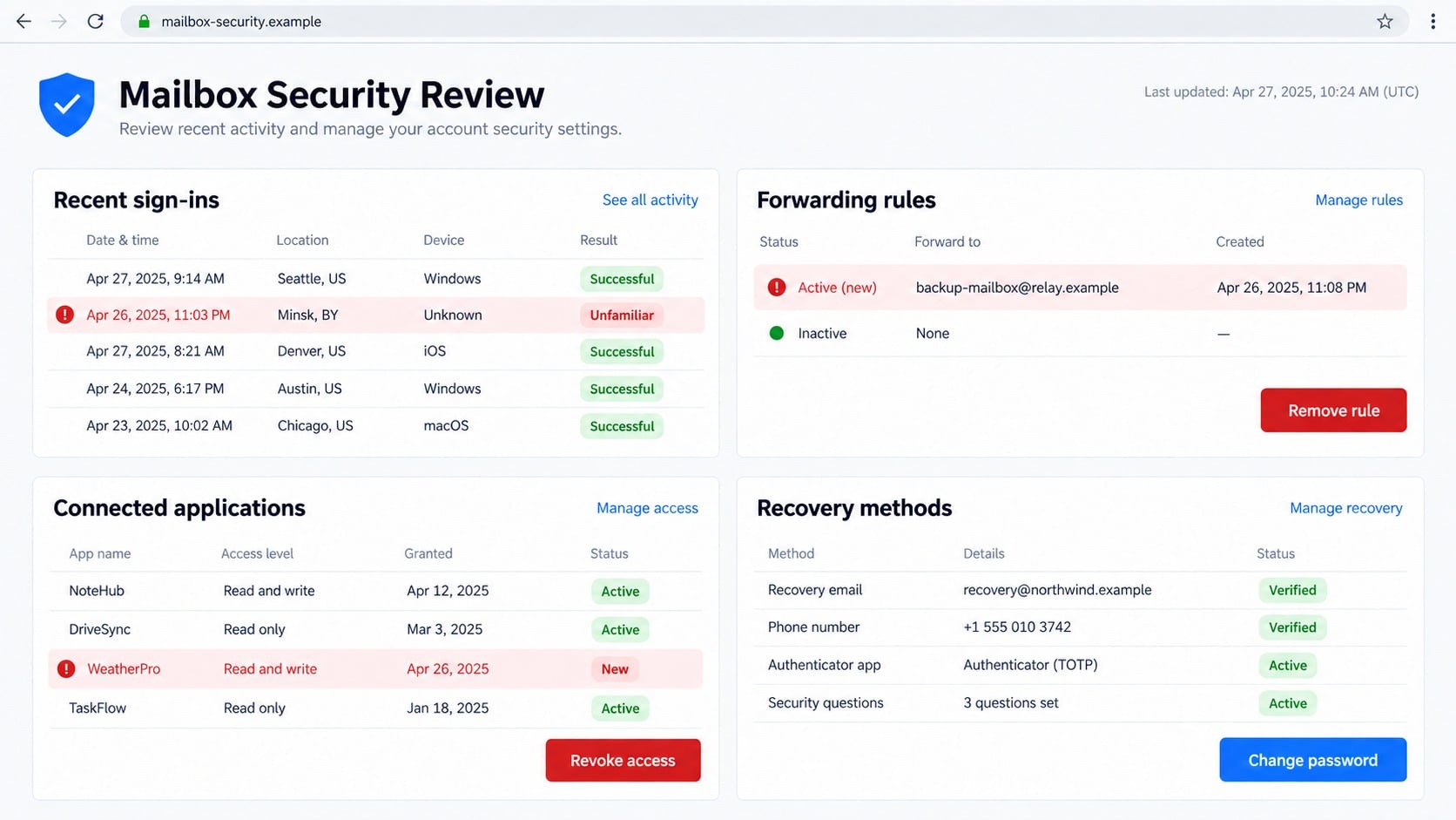 Mailbox security review showing suspicious sign-ins rules and connected applications