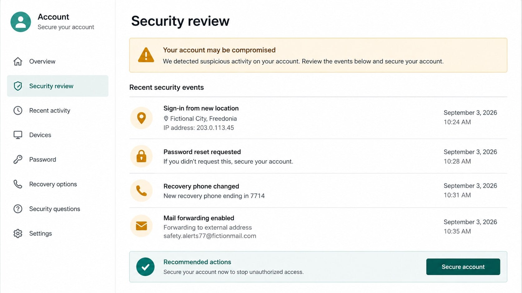 Account security review showing a new sign in password reset recovery change and mail forwarding after document phishing