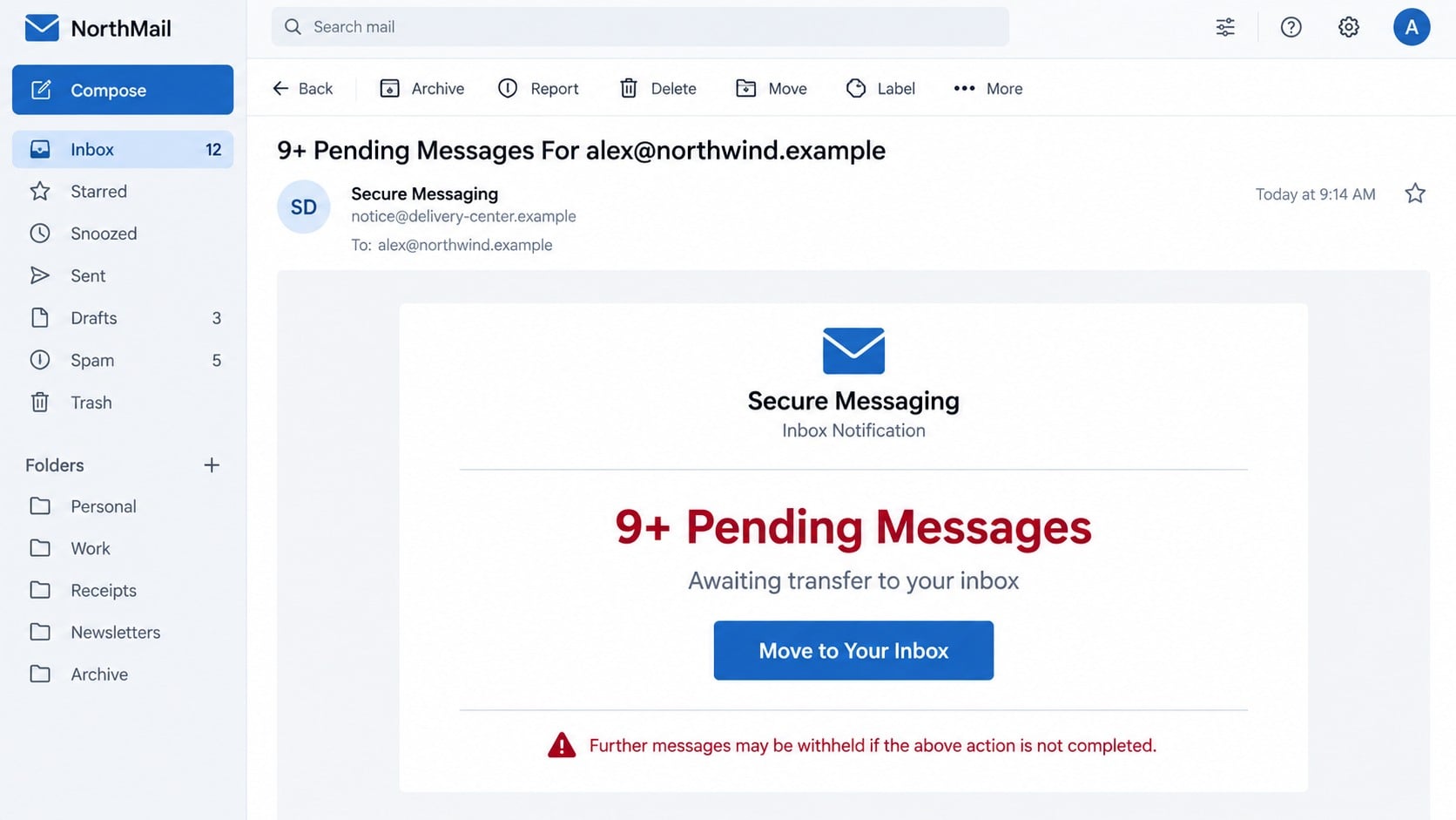 Pending Messages Awaiting Transfer phishing email
