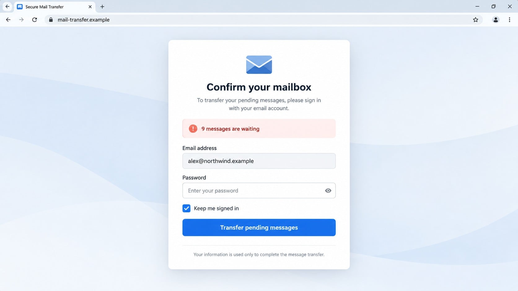 Fake mailbox login page asking to transfer pending messages