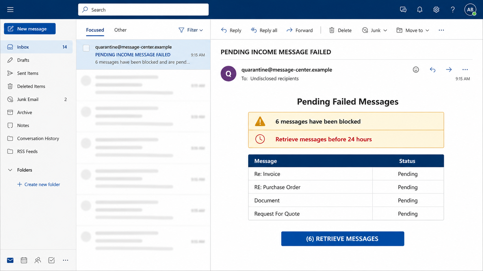 Pending Failed Messages Scam Exposed: Fake Quarantine Email Investigated 1 Fake pending failed messages email listing six quarantined business messages