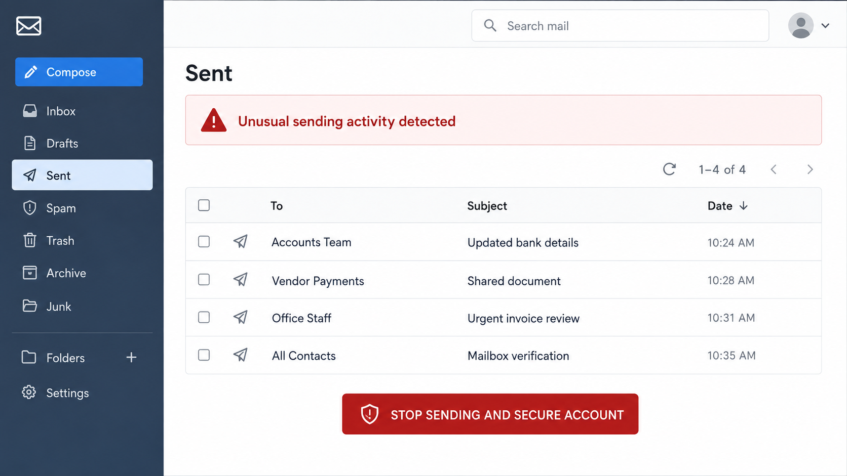 Pending Failed Messages Scam Exposed: Fake Quarantine Email Investigated 3 Compromised mailbox sent folder showing suspicious messages and unusual activity