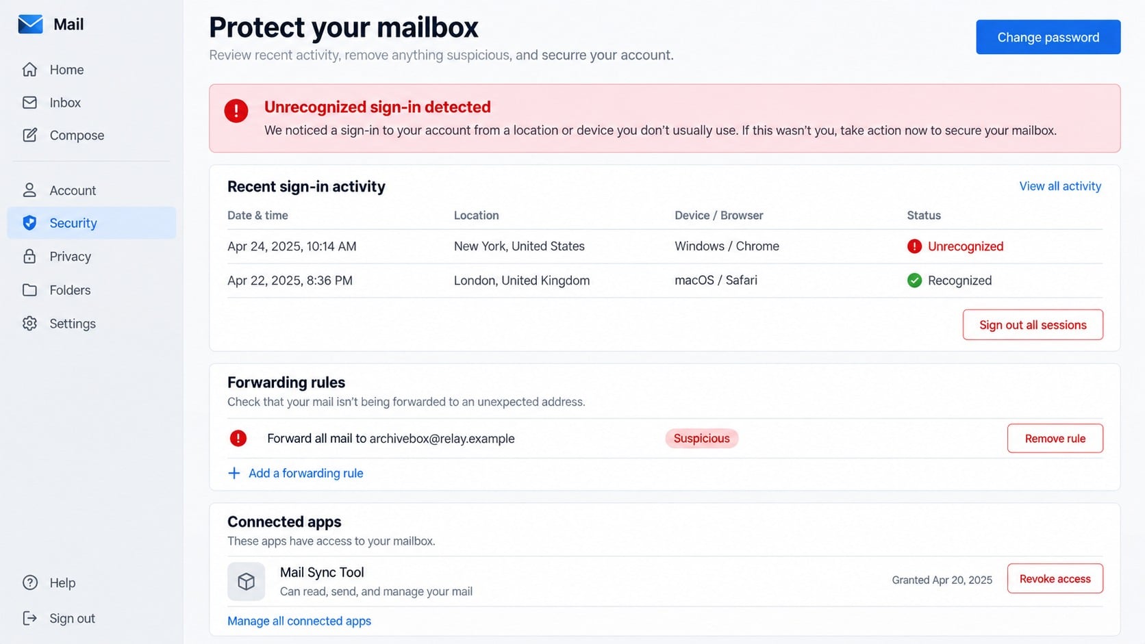 Mailbox security settings showing suspicious sessions and forwarding