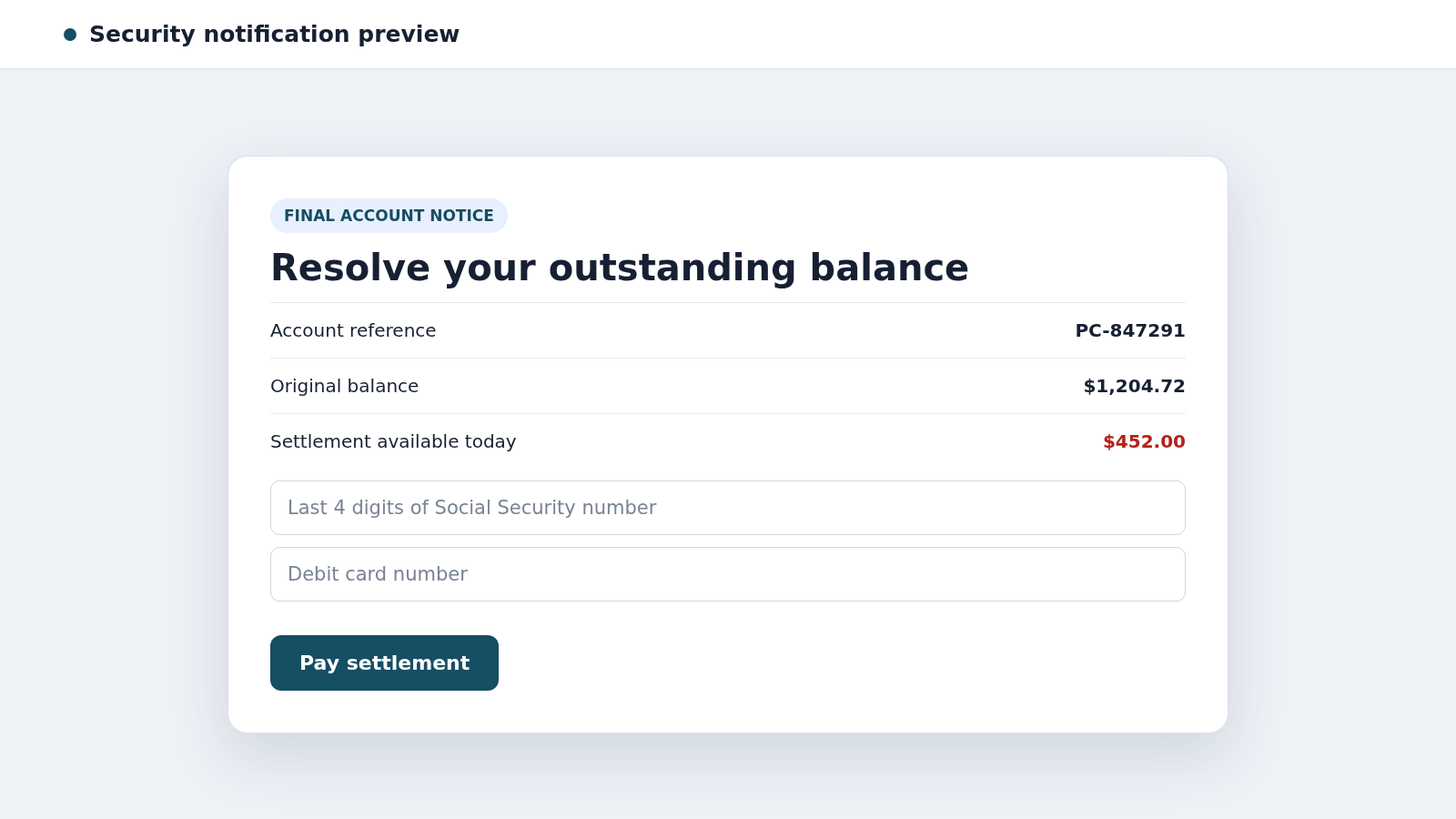 Penn Credit Text Scam: Fake Debt Collector Demands Payment and Identity 2 Reconstructed fake Penn Credit payment portal requesting identity and card details