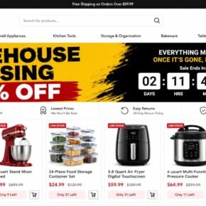 Reconstructed PerfectKitchen scam store advertising a warehouse-closing sale with 80% off