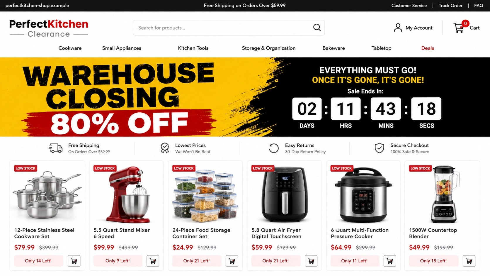 PerfectKitchen Scam: Why the Online Store Deals Put Buyers at Serious Risk 1 Reconstructed PerfectKitchen scam store advertising a warehouse-closing sale with 80% off
