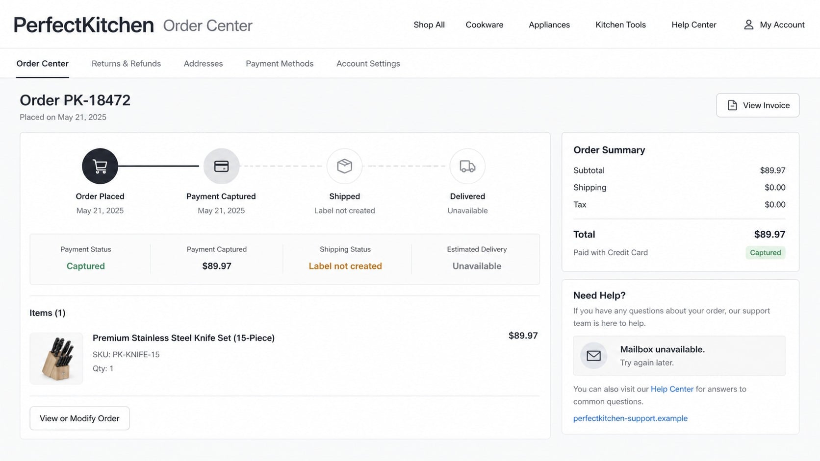PerfectKitchen Scam: Why the Online Store Deals Put Buyers at Serious Risk 2 Reconstructed PerfectKitchen order page showing captured payment with no shipping label or delivery estimate