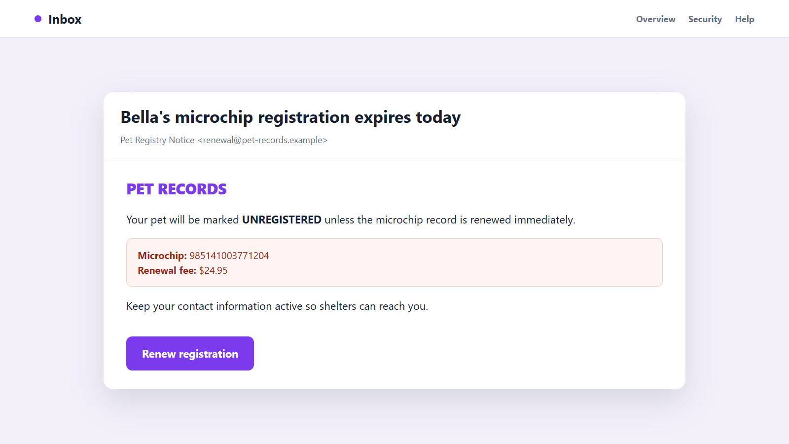 Pet Microchip Expiration Scam Emails: How Fake Renewals Steal Your Data 1 Reconstructed pet microchip expiration scam email demanding an urgent renewal fee