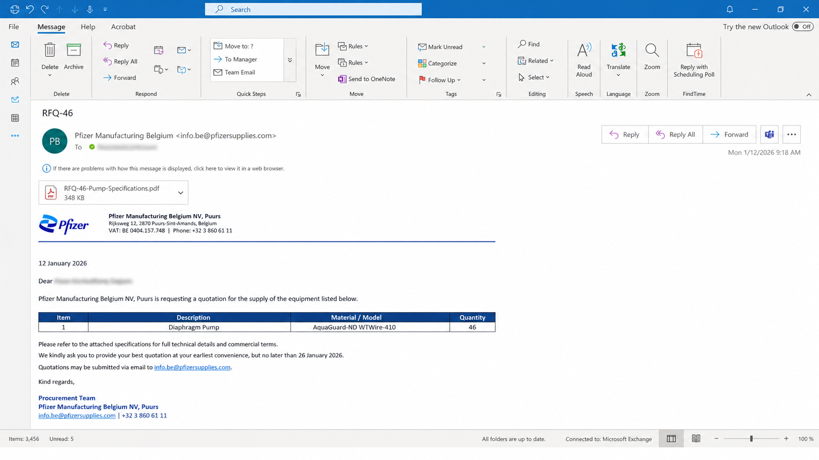 Email impersonating Pfizer procurement and requesting a supplier quotation