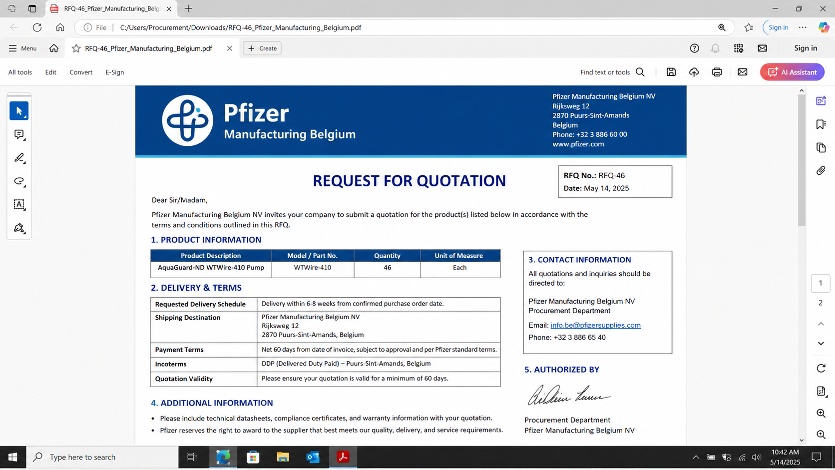 Fraudulent Pfizer request for quotation PDF displaying a lookalike contact domain