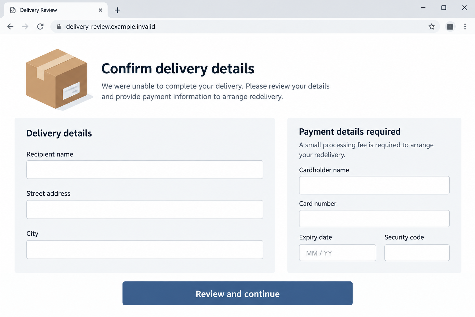 Illustrative fake parcel redelivery form requesting address and card details
