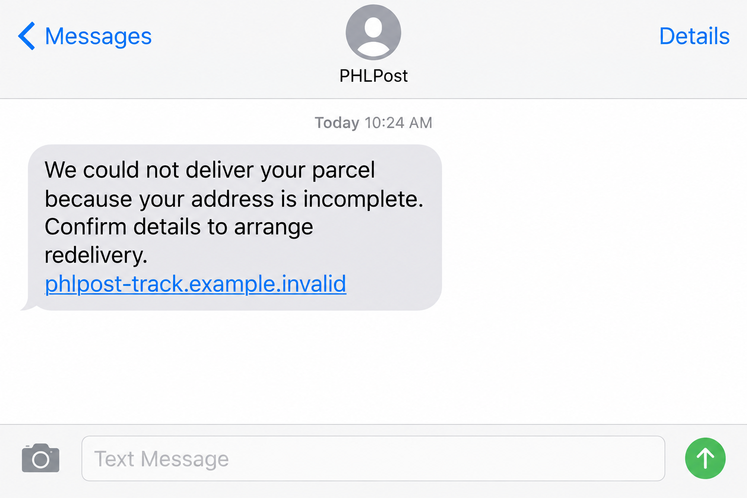 Illustrative PHLPost-impersonation text claiming a parcel address is incomplete