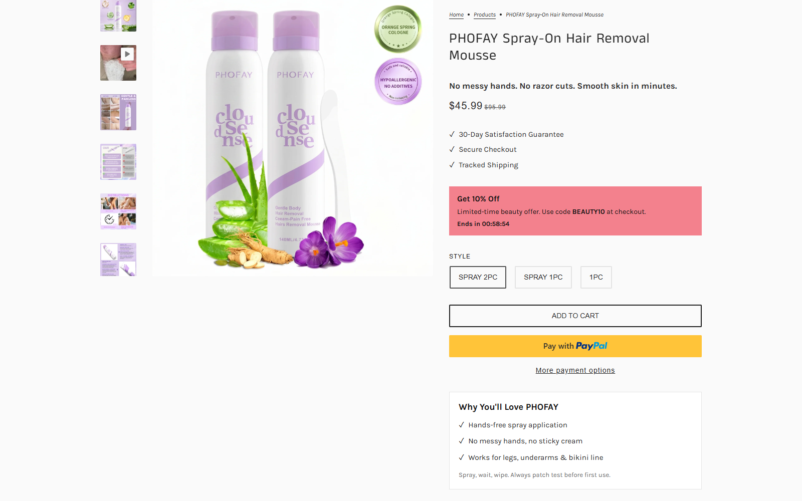 PHOFAY Hair Removal Spray Reviews: Claims Checked 1 PHOFAY Spray-On Hair Removal Mousse page showing price guarantee and two-can default option