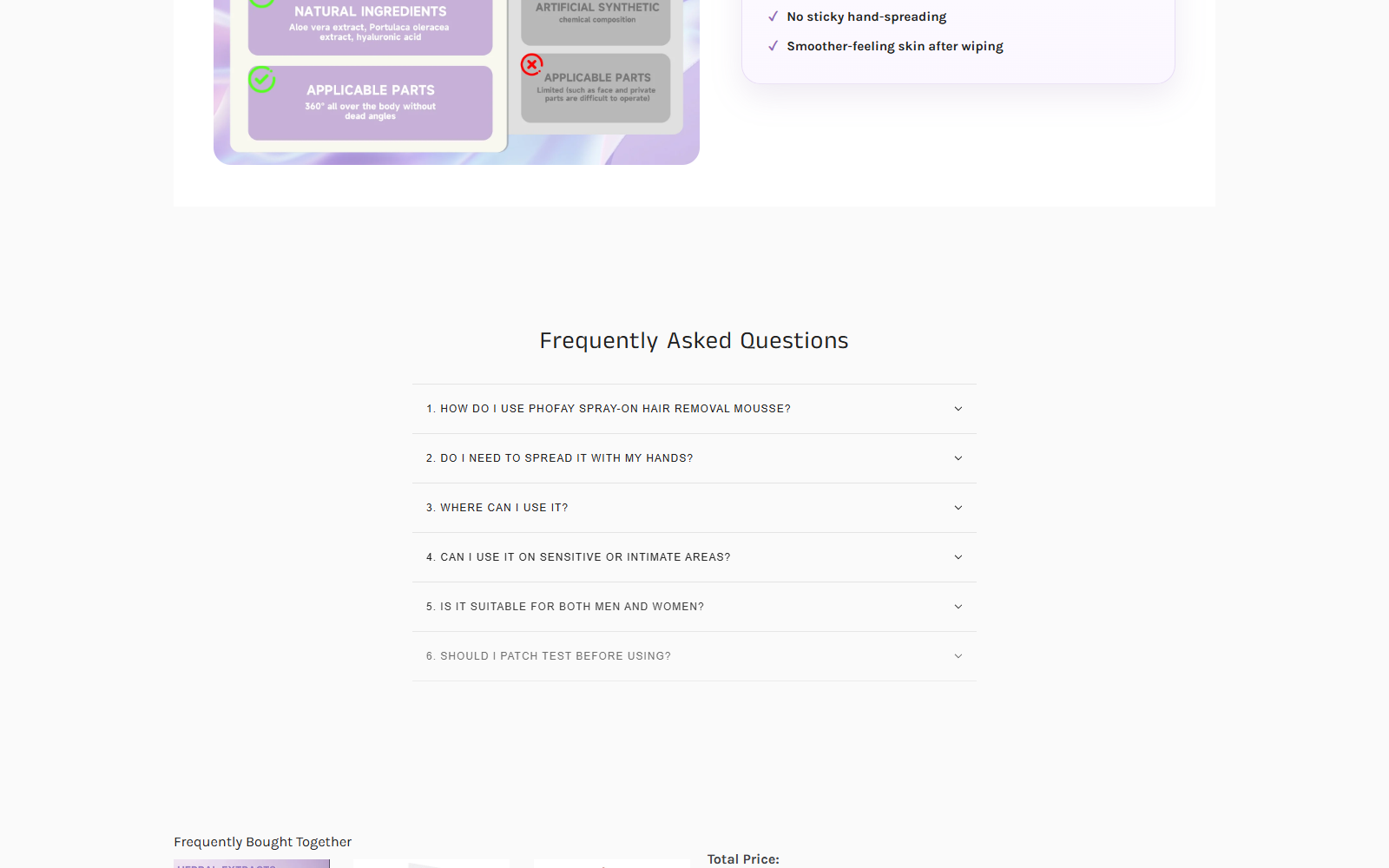 PHOFAY Hair Removal Spray Reviews: Claims Checked 2 PHOFAY product FAQ asking about sensitive areas and recommending a patch test
