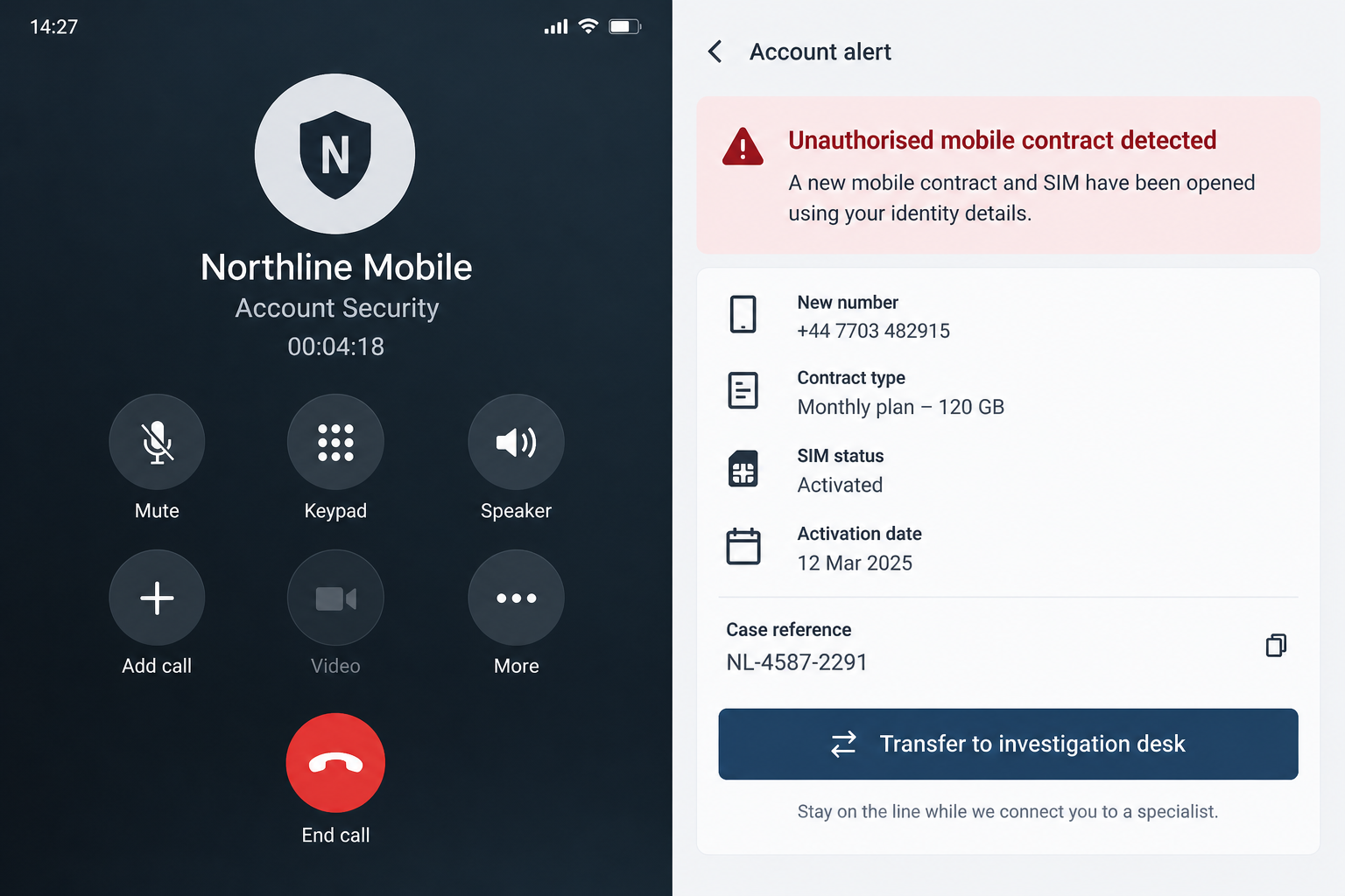 Phone Contract Call Scam Transfers You to Fake Police 1 Fake telecom support call screen warning about an unknown phone contract