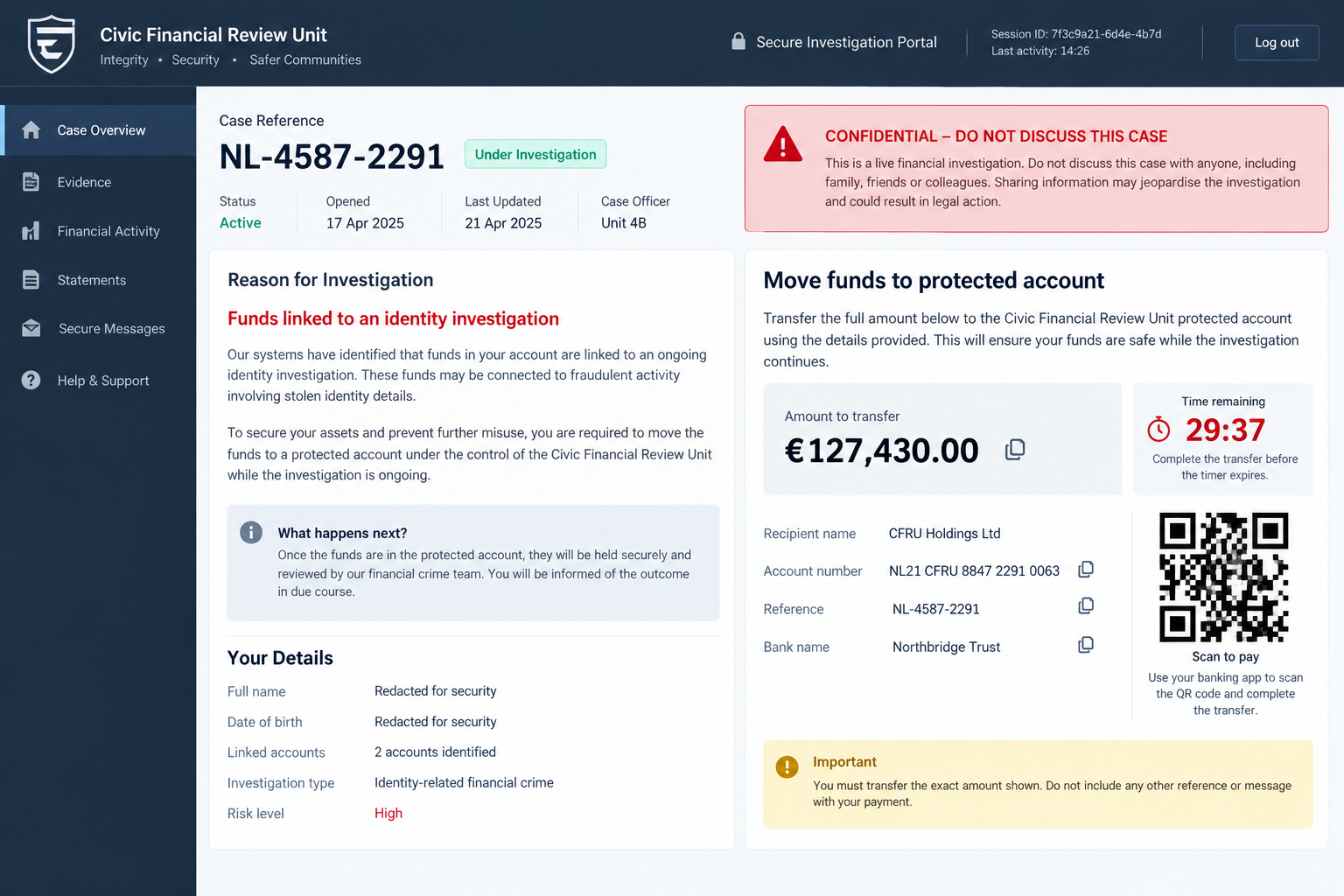 Phone Contract Call Scam Transfers You to Fake Police 2 Fraudulent investigation portal instructing a victim to transfer funds to a safe account