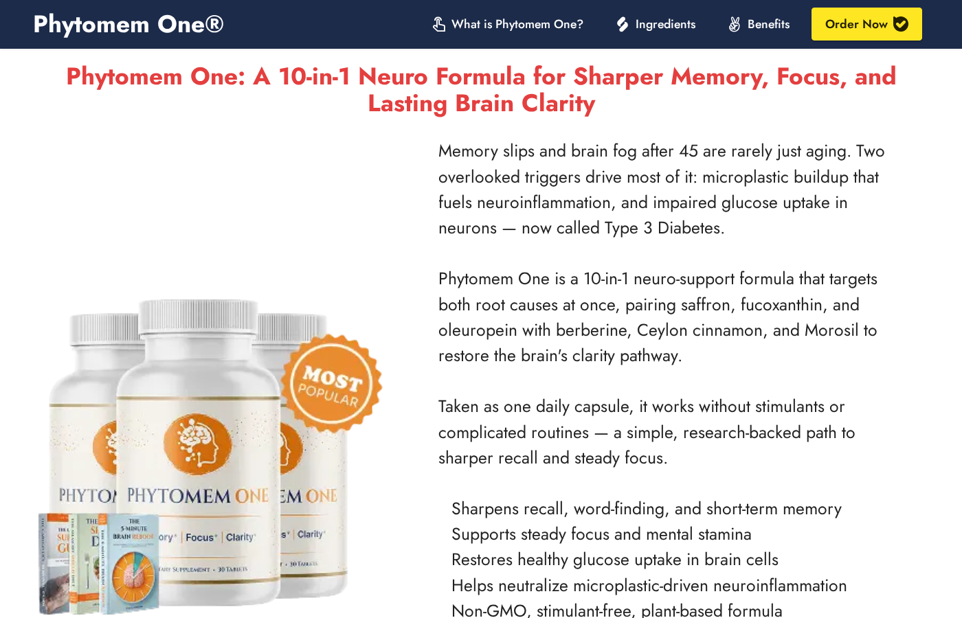 Phytomem One Review: Pseudoscience and Domain Red Flags 1 Phytomem One sales page presenting memory support claims and a bottle offer