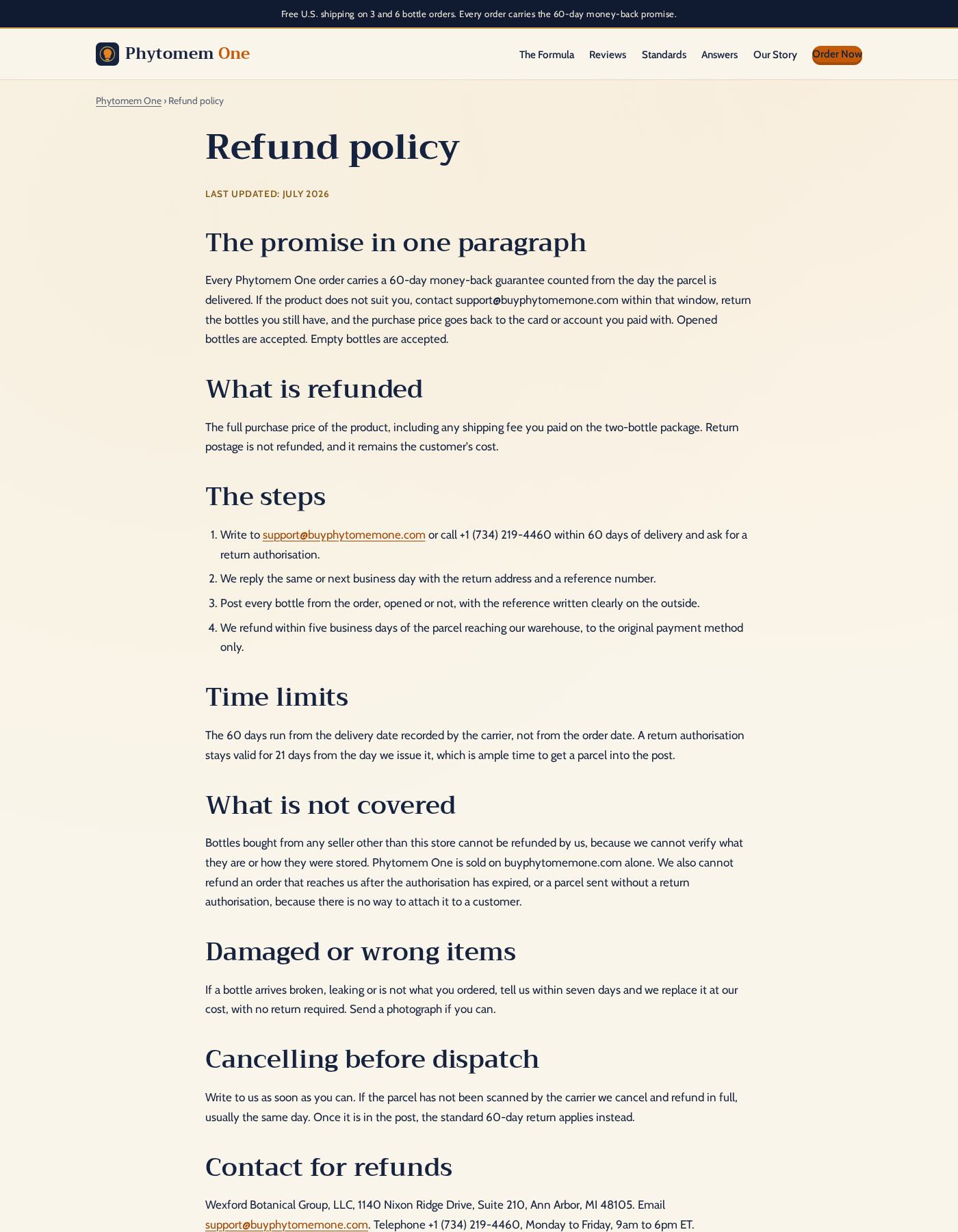 Phytomem One Review: Pseudoscience and Domain Red Flags 2 Phytomem One refund policy showing the seller name and return conditions