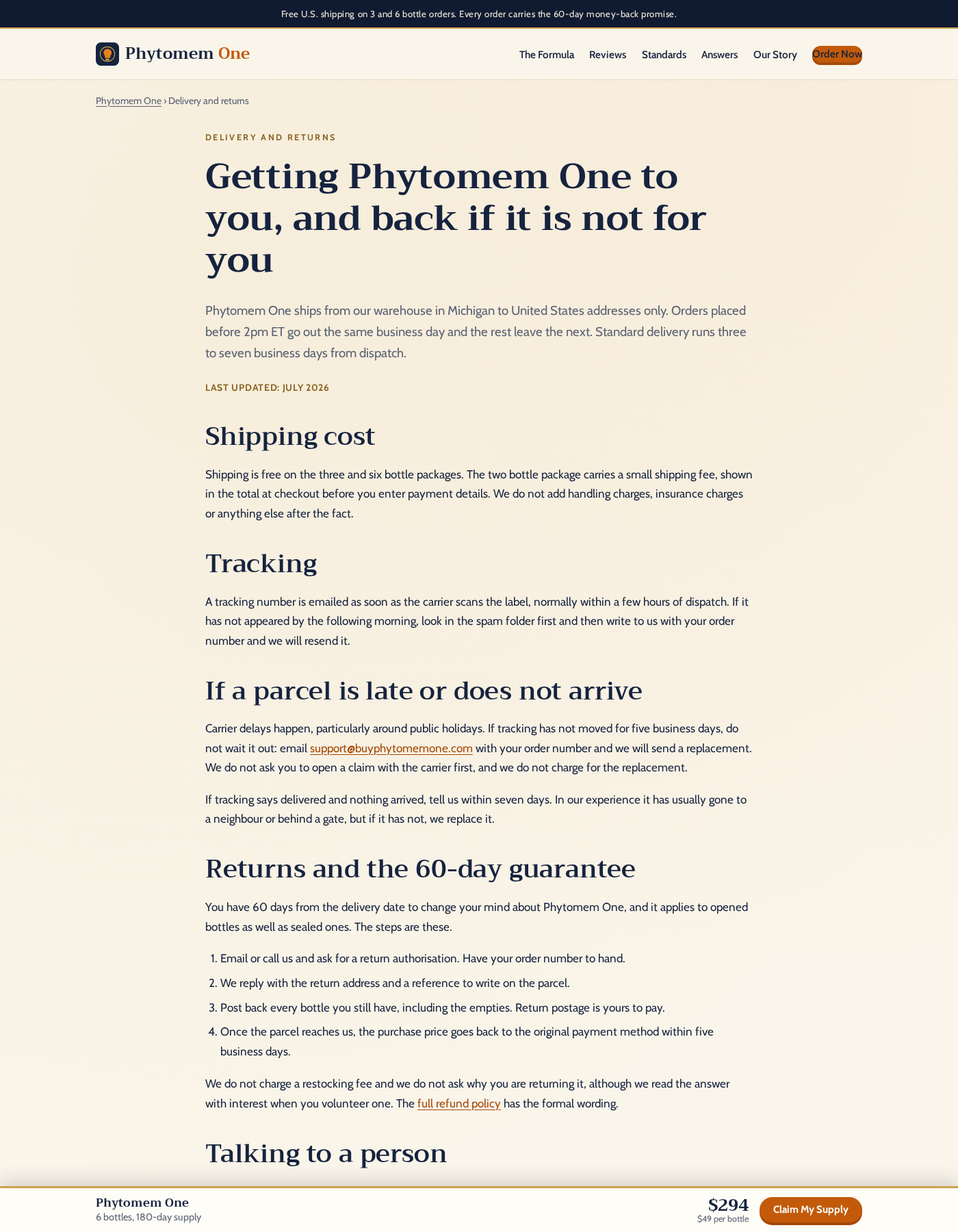 Phytomem One Review: Pseudoscience and Domain Red Flags 3 Phytomem One delivery and returns page describing return postage and authorization requirements