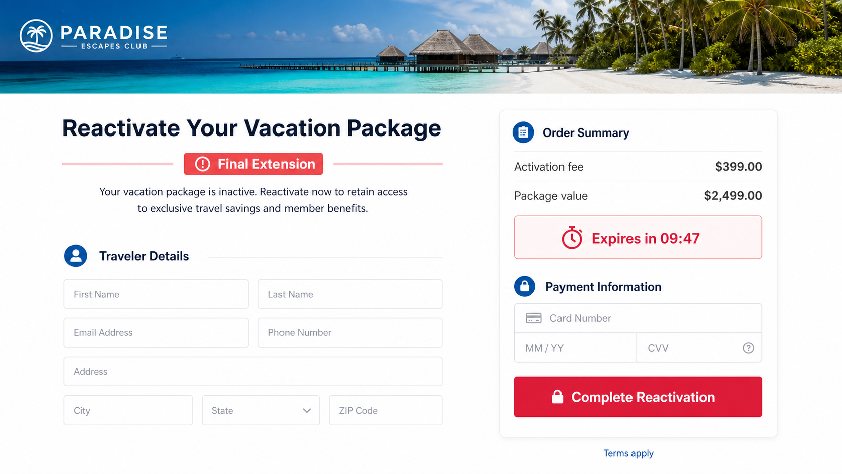 Fake vacation package reactivation checkout requesting a $399 activation fee under a final-extension deadline