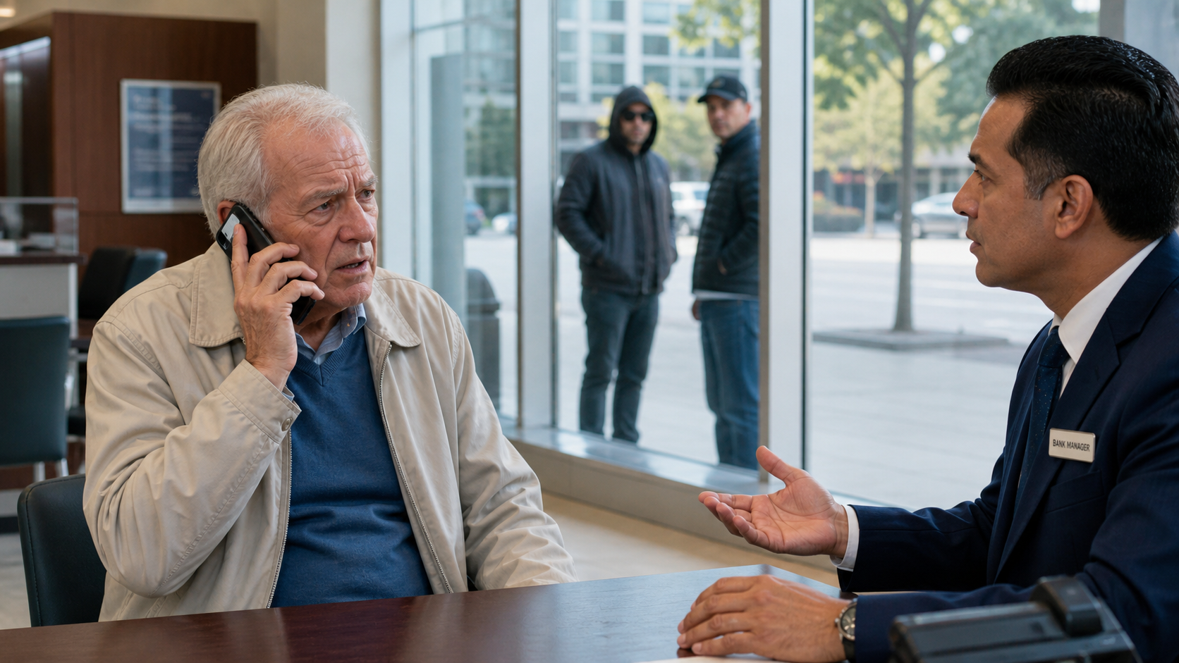 Older adult safely reporting a pigeon drop attempt inside a bank