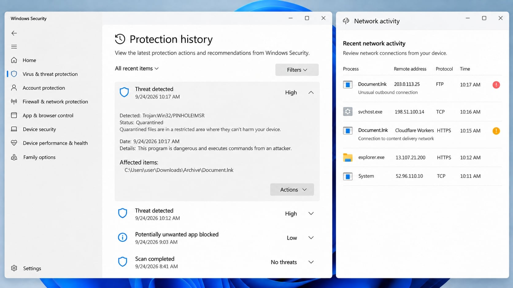 Illustrative Windows protection history and network activity requiring review after a suspicious shortcut runs