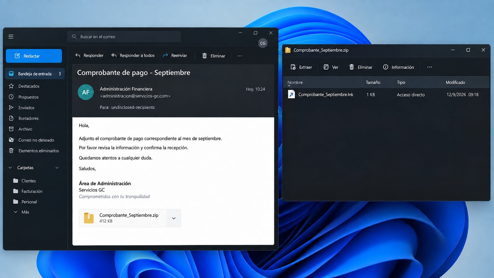 Illustrative Spanish voucher email and ZIP archive containing a Windows shortcut