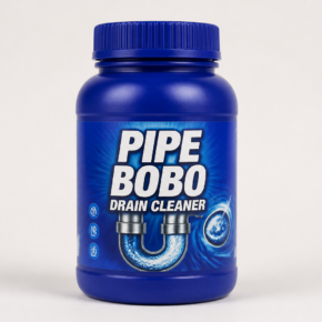 Pipe Bobo Drain Cleaner bottle presented against a realistic kitchen sink setting