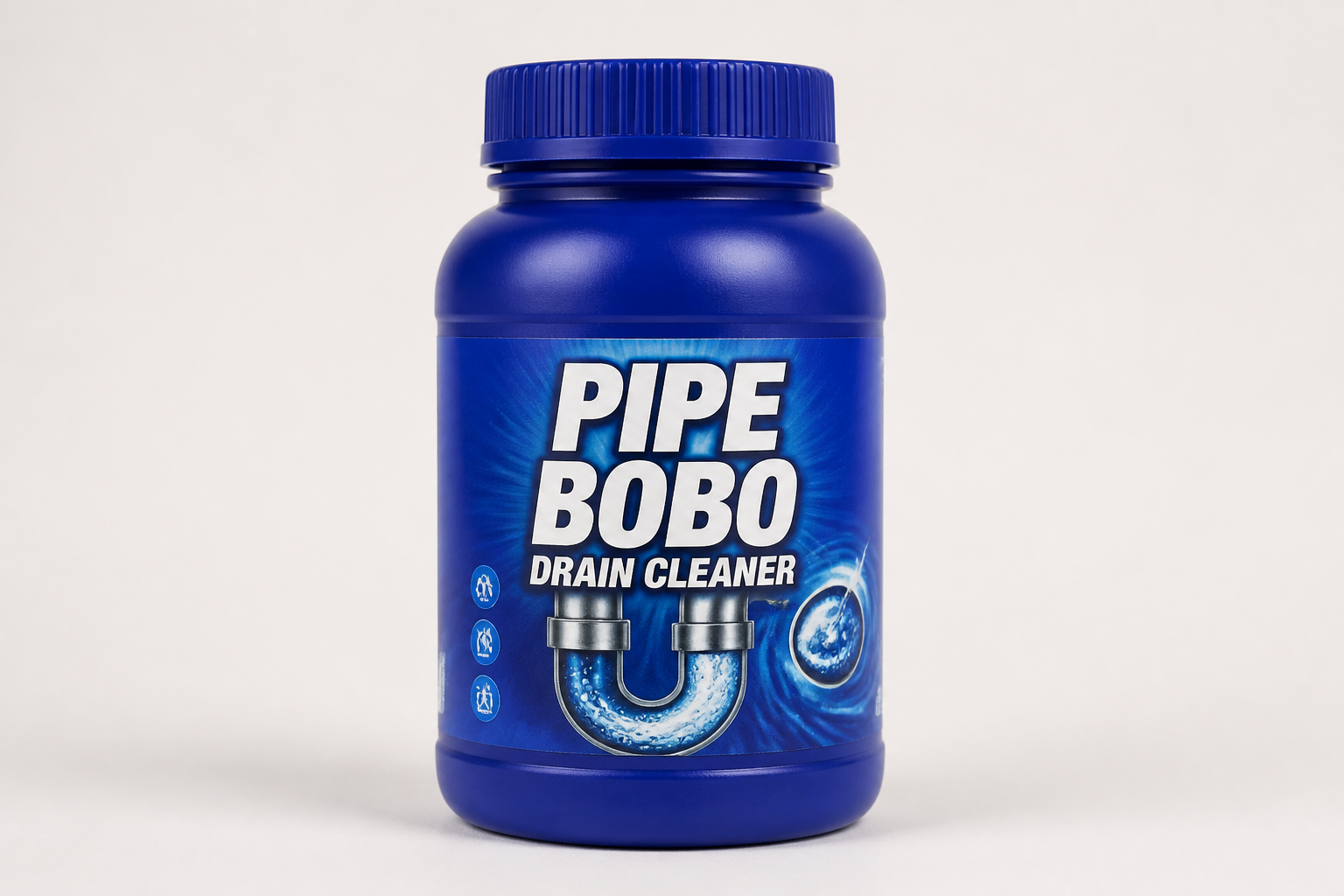 Pipe Bobo Drain Cleaner bottle presented against a realistic kitchen sink setting