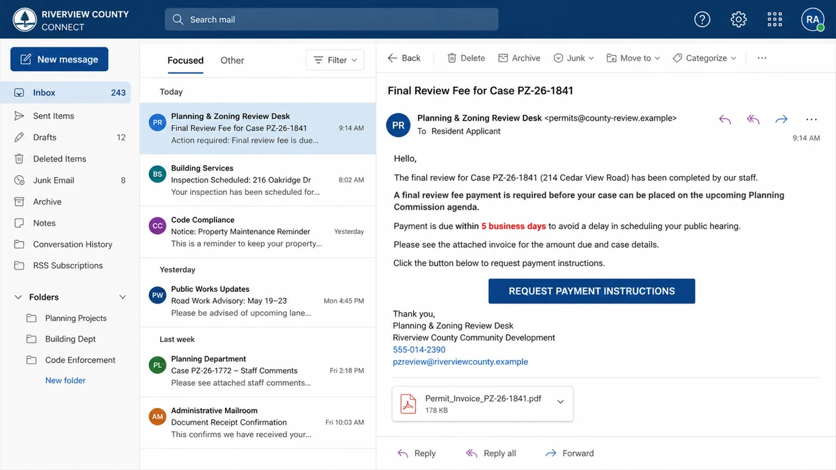 Fake planning permit invoice scam email using a property address and case number