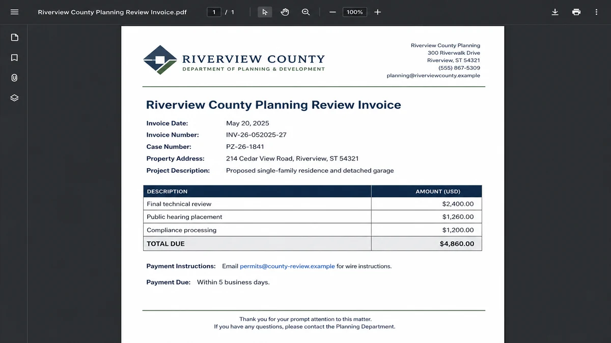 Fake county planning invoice requesting $4,860 by wire transfer